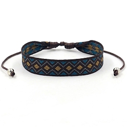 Dark Khaki Ethnic Style Polyester Flat with Rhombus Cord Bracelet, Adjustable Bracelet for Women, Dark Khaki, 6-1/4~9-1/2 inch(16~24cm)
