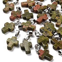 Унакит Природные подвески Unakite, из нержавеющей стали с цветным покрытием 201 защелки из нержавеющей стали на дужках, крестик, 19.5~21x11.5~12.5x4~5 мм, отверстие : 8x4 мм