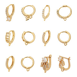 Настоящее золото 18K 12 шт. 6 стили латунные микропаве прозрачные кубические циркониевые серьги-кольца фурнитура, без свинца, без никеля и без кадмия, реальный 18 k позолоченный, 15.5~17x11~16.5x2~14.5 мм, отверстие : 1.2~1.6 мм, штифты : 0.8~0.9 мм, 2 шт / стиль