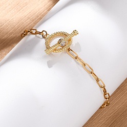 Настоящее золото 18K 304 из нержавеющей стали плоские круглые браслеты ссылка, браслеты-цепочки со скрепками для женщин, с кубического циркония, реальный 18 k позолоченный, 7 дюйм (17.8 см)