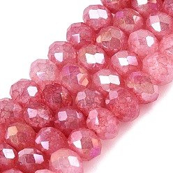Indian Red Electroplate Crackle Imitation Jade Glass Beads Strands, Rondelle, AB Color Plated, Faceted, Indian Red, 6x4.5~5mm, Hole: 0.9~1.4mm, about 76~81pcs/strand, 13.98~15.16 inch(35.5~38.5cm)