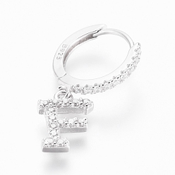 Letter F Rhodium Plated 925 Sterling Silver Hoop Earrings, Dangle Earrings, with Cubic Zirconia, with S925 Stamp, Letter, Clear, Platinum, Letter.F, 19.5mm, Pendants: about 8.5x6.5x1.5mm, Pin: 0.6mm