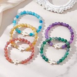 Выветрившийся Агат Браслеты из окрашенного натурального выветренного агата и синтетических бирюзовых бусин, эластичные, для женщин и мужчин., круглый и крест, бусины : 8.5 мм, внутренний диаметр: 2.30 дюйм (5.85 см)