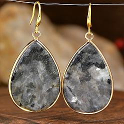 Larvikite Серьги-капли из натурального ларвикита, с крюком из нержавеющей стали 304, золотые, 40x20 мм