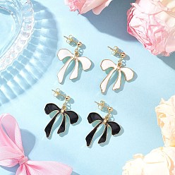 Golden 2Pairs Bowknot Alloy Enamel Dangle Stud Earrings, with 304 Stainless Steel and Brass, Golden, 35x26mm