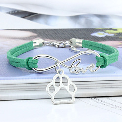 Средний Морско-зеленый Браслеты с подвесками в виде бесконечности, отпечатка лапы и слова «любовь» из сплава с замшевым шнуром, платина, средний морской зеленый, 6-3/4 дюйм (17 см)
