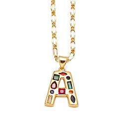 Letter A Подвеска-колье с инициалом из латуни, украшенная разноцветными кубическими циркониями., золотые, буква a, 17.32 дюйм (44 см), Кулон : 15x19 мм