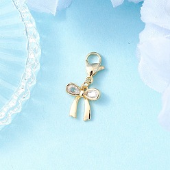 Золотой Подвеска с бантом из латуни с микропаве из прозрачных кубических цирконий, с 304 из нержавеющей стали Lobster Claw застежками, золотые, 25.5 мм