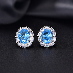 Blue Brass Micro Pave Cubic Zirconia Oval Stud Earrings for Women, Platinum, Blue, 18x15.7mm