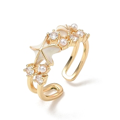 Light Gold Ocean Brass Enamel Finger Rings, Starfish, with Rhinestone & Plastic Pearl, Light Gold, 9mm, Inner Diameter: 17mm