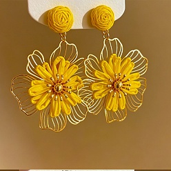 Golden Alloy Woven Stud Dangle Earrings, Flower, Golden, 74x56mm