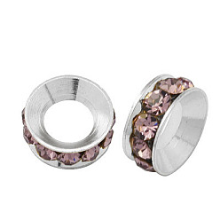 Свет Аметист Латунные бусины разделители для поставки стразов, класс А, рондель, серебряный цвет гальваническим, светлый аметист, 9x4 мм