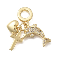Dolphin Латунь микропаве прозрачный кубический цирконий европейские подвески с подвесками, подвески в форме креста и сердца с большим отверстием, без кадмия и без свинца, долговечный, стойки покрытие, реальный 18 k позолоченный, дельфин, 29 мм, отверстие : 5.5 мм