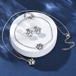 Нержавеющая Сталь Цвет Отпечаток собачьей лапы 304 ожерелья из нержавеющей стали с подвесками, браслеты и серьги-гвоздики для женщин, цвет нержавеющей стали, 17.72 дюйм (450 мм)