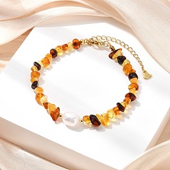 Разноцветный Эластичные браслеты из натуральных янтарных крошек для женщин, с жемчугом и бусинами из латуни, реальный 14 k позолоченный, красочный, 7.36 дюйм (18.7 см)