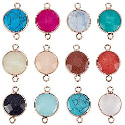 Mixed Stone 12Pcs 12 Style Gemstone Links Connectors, with Light Gold Plated Brass Findings, Faceted, Flat Round, 23~24x15~15x5~6mm, Hole: 2mm, 1pc/style