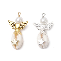 Звезда 2 шт. 2 цвета подвески-ангелы из натуральной ракушки каури, обмотанные медной проволокой, с крыльями из сплава и синтетическими немагнитными гематитовыми бусинами и имитацией жемчуга из АБС-пластика, золотые, звезда, 37~39x21.5x9 мм, отверстие : 2.5~3 мм, 1 шт / цвет