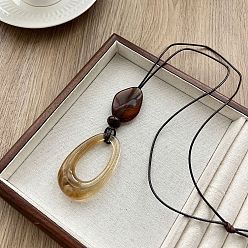 Oval Длинные ожерелья с подвеской из смолы и регулируемым вощеным шнурком для женщин., песчаный коричневый, овальные, 33.46 дюйм (85 см), Кулон : 45 мм