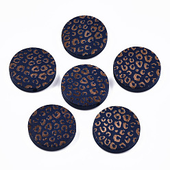 Dark Blue Painted Natural Wood Beads, Laser Engraved Pattern, Flat Round with Leopard Print, Dark Blue, 20x5mm, Hole: 1.5mm