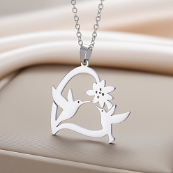 Нержавеющая Сталь Цвет День матери 304 Подвеска в виде сердца из нержавеющей стали с птицами, цепочка-колье для женщин, без потускнения, цвет нержавеющей стали, 17.72 дюйм (45 см)