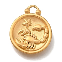 Скорпион Вакуумное покрытие pvd 304 подвески из нержавеющей стали, плоский круглый с шармом созвездий, реальный 18 k позолоченный, Скорпион, 20.5x16.5x2.5 мм, отверстие : 2~2.2 мм