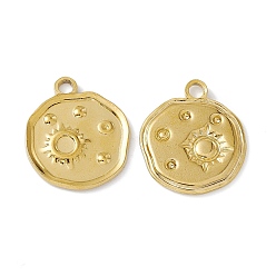 Golden PVD Vacuum Plating 304 Stainless Steel Pendant Rhinestone Settings, Flat Round with Sun Pattern, Golden, Fit for 0.6mm & 3.2mm Rhinestone, 21x18x2mm, Hole: 2mm