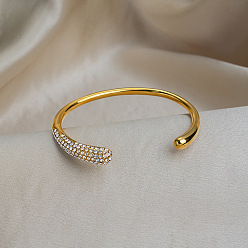 Plaqué 18K Or Véritable Bracelet jonc ouvert de luxe en acier inoxydable serti de micro-pavés de zirconiums cubiques transparents pour femme, réel 304 k plaqué or, diamètre intérieur: 18 pouce (2.36 cm)