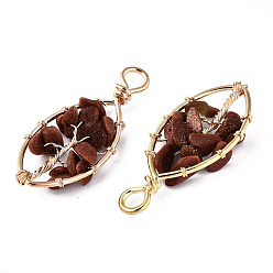 Камень с Пылевым Золотом Синтетические голдстоуновские подвески, золотистая латунная проволока, дерево, овальные, 40.5~44x17.5~19x6~7.5 мм, отверстие : 4 мм