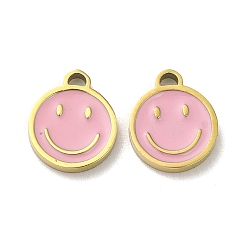 Pink Ионное покрытие (ip) 304 брелоки из нержавеющей стали, без никеля , с эмалью, реальный 18 k позолоченный, плоский круглый шарм с улыбающимся лицом, розовые, 9.5x8x1.5 мм, отверстие : 1 мм