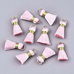 Бледно-Розовый Украшения из кисточек из поликоттона ручной работы, кулон украшения, с золотыми железными петлями, розовый жемчуг, 17~21x10x5 мм, Перейти кольцо: 6x0.7 мм, внутренний диаметр: 4.6 мм