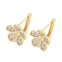 Настоящее золото 18K Латунь микро проложить кубический рисунок обруча из двуокиси циркония, без кадмия, без никеля и без свинца, цветок, реальный 18 k позолоченный, 13.5x11.5 мм, штифты : 0.5 мм