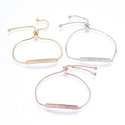 Mixed Color Adjustable Brass Micro Pave Cubic Zirconia Bolo Bracelets, Slider Bracelets, Bar, Clear, Mixed Color, 11 inch(28cm), 1.2mm