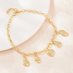 Real 18K Gold Plated Brass Charm Bracelets, Cable Chain Bracelets for Women, Heart & Glover & Snowman & Trapezoid & Teardrop, Real 18K Gold Plated, 7.52 inch(19.1cm), Pendants: 10.5~15x8~9.5x2.5~3.5mm