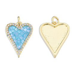Light Sky Blue Brass Micro Pave Clear Cubic Zirconia Pendants, with Jump Rings and Shell, Enamel, Real 18K Gold Plated, Nickel Free, Heart, Light Sky Blue, 20x14.5x3mm, Jump Ring: 5x1mm, 3mm inner diameter