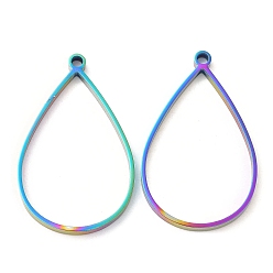 Rainbow Color 304 Подвески-капли с открытым безелем из нержавеющей стали, для diy уф смолы, эпоксидная смола, Прессованные цветочные украшения, Радуга цветов, 40x24.5x3 мм, отверстие : 2 мм, внутренний диаметр: 34x22.5 мм