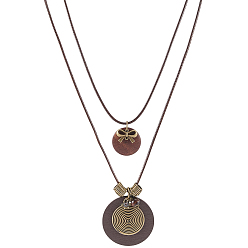 Bronce Antiguo 1Collares de doble capa con colgante de madera y aleación estilo bohemio para mujer, plana y redonda del bowknot, coco marrón, Bronce antiguo, 31.50 pulgada (80 cm)
