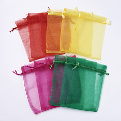 Mixed Color 4 Colors Organza Bags, with Ribbons, Rectangle, Red/Medium Violet Red/Green/Yellow, Mixed Color, 15~15.5x9.5~10cm, 25pcs/color, 100pcs/set