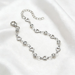 Platinum Alloy Crystal Rhinestone Heart Link Chain Bracelets for Women, Platinum, 6.69 inch(17cm)