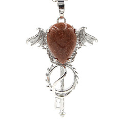 Goldstone Synthetic Goldstone Pendants, with Platinum Plated Brass Findings, Wing with Key Charms, 47x32x11mm