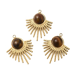 Настоящее золото 18K Природных тигровый глаз подвески, с вакуумным покрытием PVD 201 фурнитура из нержавеющей стали, вентилятор, реальный 18 k позолоченный, 25x20x6 мм, отверстие : 1.5 мм