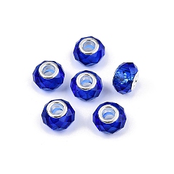 Синий Прозрачное стекло европейские шарики, бусины с большим отверстием, с медными сердечниками, граненые, рондель, синие, 13.5~14x9~9.5 мм, отверстие : 5 мм