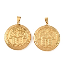 Real 20K Gold Plated 316 подвески из нержавеющей стали Locket, плоский круглый с хамсой на руку, с 304 защелкой из нержавеющей стали на поручнях, долговечный, ионное покрытие (ip), реальный 20 k позолоченный, 48x44.5x9.5 мм, отверстие : 11.5x6 мм, внутренний диаметр: 29.5 мм