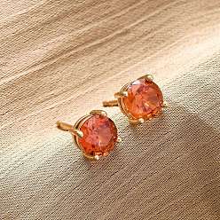 Оранжево-Красный Плоские круглые серьги-гвоздики из латуни с паве из кубического циркония для женщин, без кадмия и без свинца, долговечный, стойки покрытие, золотые, оранжево-красный, 6 мм