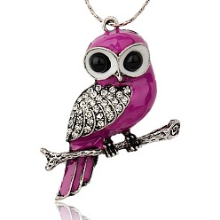 Средний Фиолетово-красный Старинные антикварные сплава серебра эмаль сова большие кулоны, со стразами, средне фиолетовый красный, 52x43x8 мм, отверстие : 2 мм