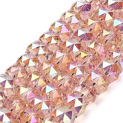 Светло-Коралловый Прозрачные стеклянные бусины гальваническим пряди, с половиным покрытием цвета радуги, граненые, баррель, свет коралловый, 8x6 мм, отверстие : 1.2 мм, около 64 шт / нитка, 14.96'' (38 см)