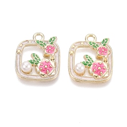 Ярко-Розовый Подвески из эмали и сплава, квадратные и цветочные подвески, с ABS имитации жемчуга, золотой свет, ярко-розовый, 19x16x4.5 мм, отверстие : 2 мм
