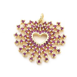 Фуксин Латунные микро проложить кубического циркония подвески, реальный 18 k позолоченный, без кадмия и без свинца, сердце прелести, фуксиново-красные, 23x24.5x2.5 мм, отверстие : 3 мм