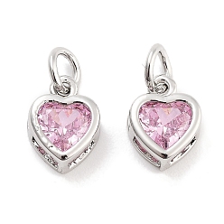 Pink Латунные микро проложить кубического циркония подвески, без кадмия, без никеля и без свинца, сердце, с целью перехода в кольце, платина, розовые, 10.5x7.5x4 мм, отверстие : 3.5 мм