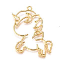 Golden Zinc Alloy Open Back Bezel Pendants, For DIY UV Resin, Epoxy Resin, Pressed Flower Jewelry, Unicorn, Golden, 43.5x32x2mm, Hole: 2.5mm