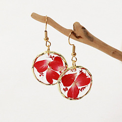Красный Серьги-подвески из сплава эпоксидной смолы с засушенными цветами, с стальными шпильками, плоско-круглые, золотые, красные, 41x21 мм